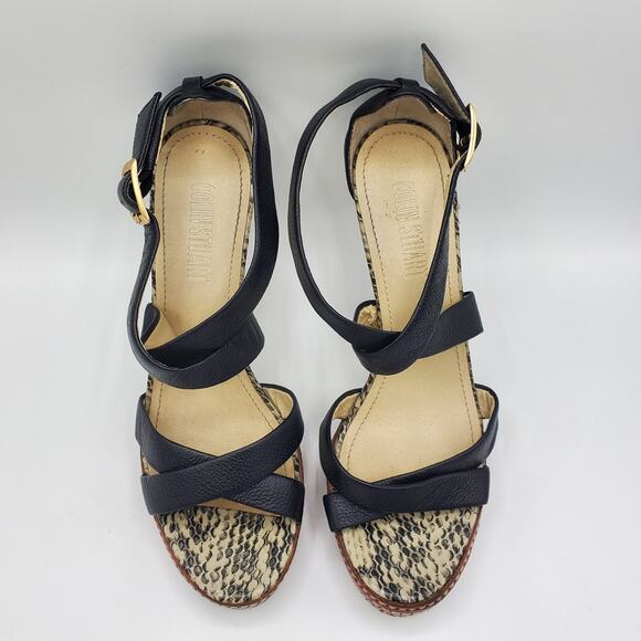 Colin Stuart Leather Cross Strap Faux Snakeskin Stacked Platform Heel Sandal - Picture 3 of 10